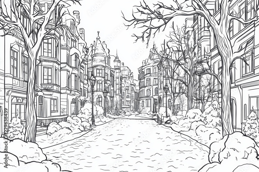 Fototapeta premium Snowy Cityscape Drawing - Charming Winter Scene