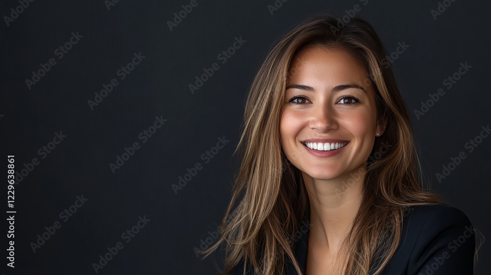 Portrait of a Young Woman with Long Brown Hair, Radiant Smile, White Teeth, and Natural Makeup Against a Dark Background – Elegant and Expressive Close-Up Portrait of a Young Woman with Long Brown Hair, Radiant Smile, White Teeth, and Natural Makeup Against a Dark Background – Elegant and Expressive Close-Up