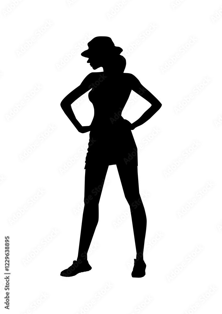 Fototapeta premium Vector illustration of woman silhouette wearing hat. Stylish and dynamic pose.