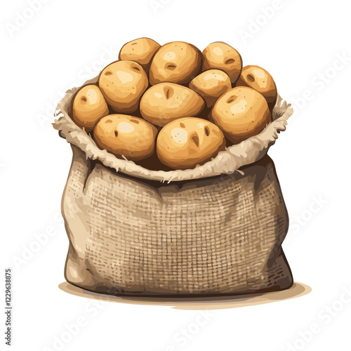 Sack of potatoes. Cartoon burlap bag full of ripe potato, vector illustration.