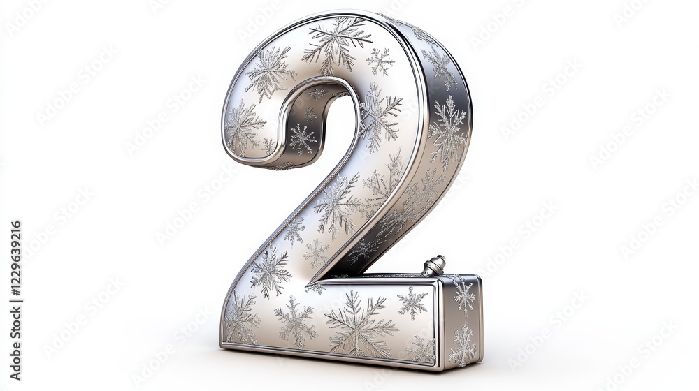 Decorative Silver Number Two with Snowflake Pattern on White Background Decorative Silver Number Two with Snowflake Pattern on White Background