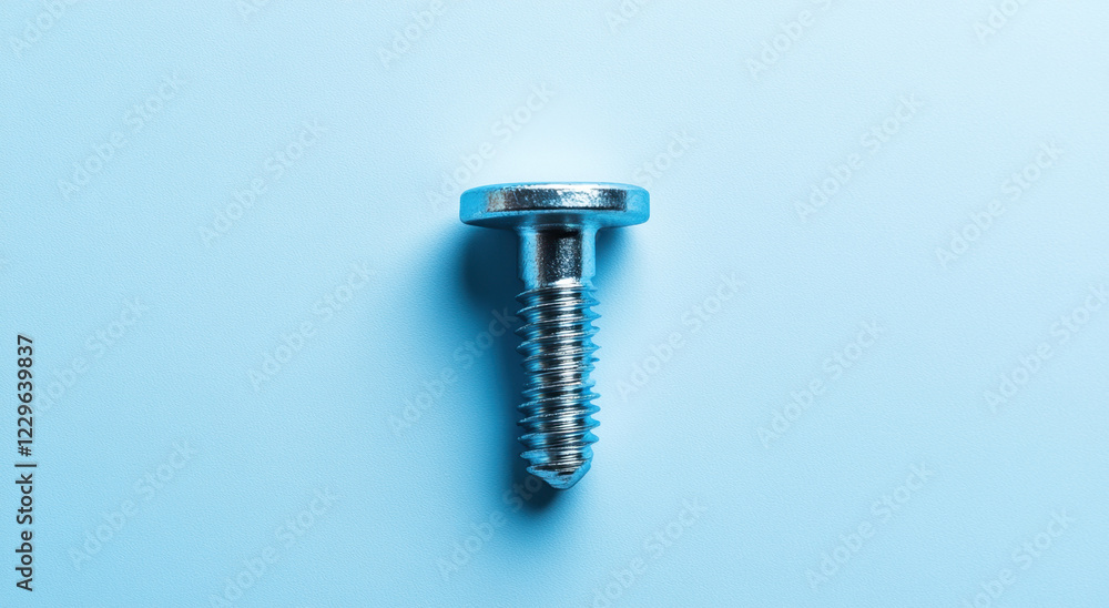 Detailed close-up of a metallic screw on a light blue background highlighting its texture and structure Detailed close-up of a metallic screw on a light blue background highlighting its texture and structure