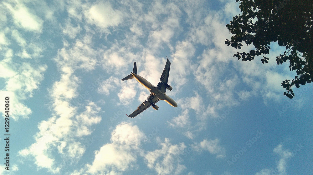 Low angle view of an airplane in flight against the sky, perfect for aviation, travel, transportation, and adventure-themed concepts, Generative AI Low angle view of an airplane in flight against the sky, perfect for aviation, travel, transportation, and adventure-themed concepts, Generative AI