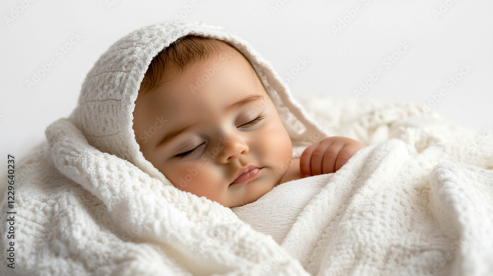 A sleeping baby, snugly wrapped in a white knitted blanket. A sleeping baby, snugly wrapped in a white knitted blanket.