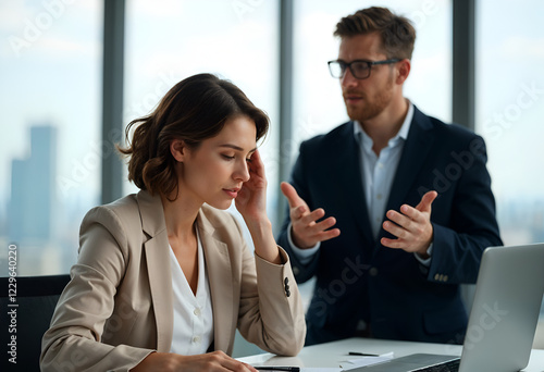 A stressed businesswoman sits at her desk, listening to her manager who gestures animatedly. The scene suggests a tense discussion or feedback session in a modern office setting.