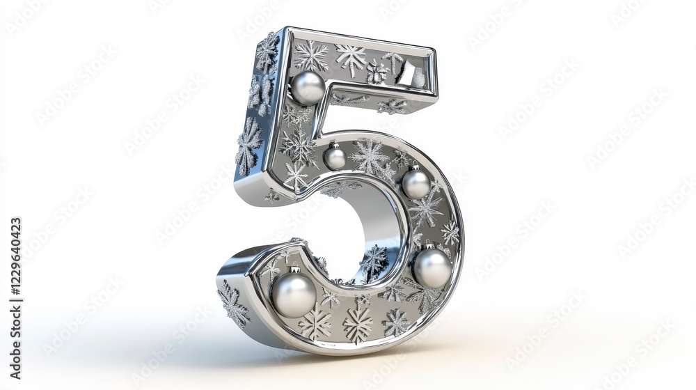 Shiny Metallic Number Five Decorated with Snowflakes and Ornaments Shiny Metallic Number Five Decorated with Snowflakes and Ornaments