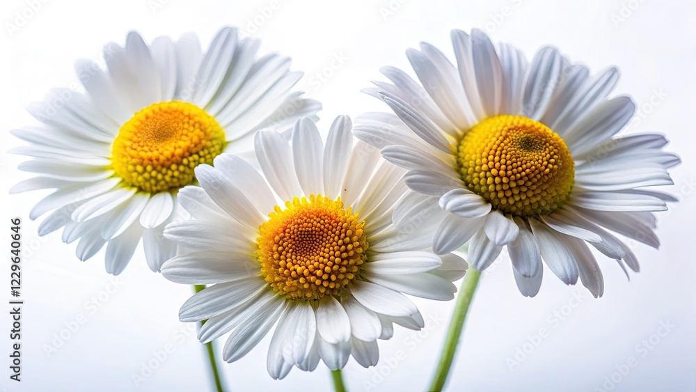 Fototapeta premium Three daisies, candidly captured in macro detail against a pure white backdrop.