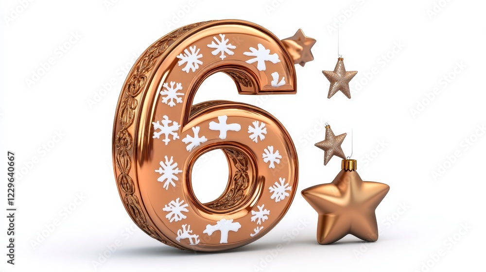 Glimmering Copper Number Six with Snowflakes and Christmas Stars Glimmering Copper Number Six with Snowflakes and Christmas Stars