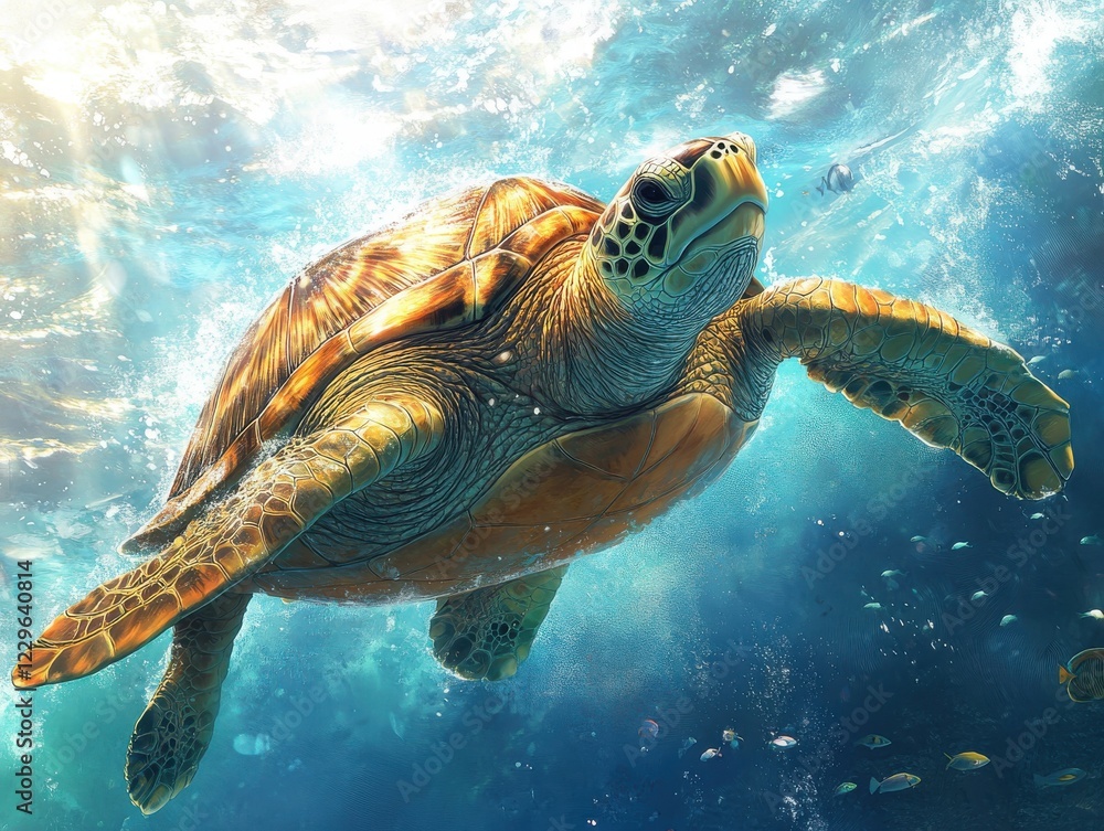Fototapeta premium Majestic sea turtle gracefully swimming in crystal-clear ocean waters surrounded by vibrant marine life and sun-drenched underwater scenery