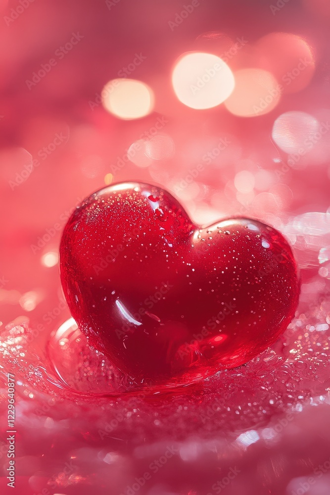 Obraz premium Red heart shape on sparkling pink background, symbolizing love and romance, perfect for Valentineâ€™s Day, weddings, or emotional expressions in photography and design.