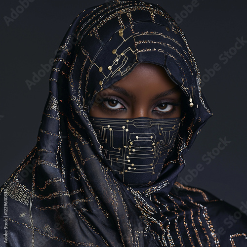 Ausdrucksstarkes Portrait einer Frau mit Niqab in schwarzer Farbe mit kunstvollem Hi Tech Muster. Intensive Augen mit direktem Blick in die Kamera auf dunklem Hintergrund