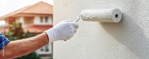 Painting Exterior House Wall with Roller Close up View of Worker s Hand photo