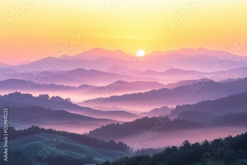 Wallpaper Mural Serene sunrise over layered purple mountains and valleys shrouded in mist. Torontodigital.ca