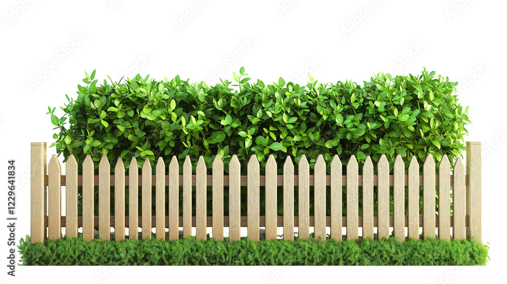 Fototapeta premium Wooden picket fence surrounded by lush greenery nature scene, on transparent background