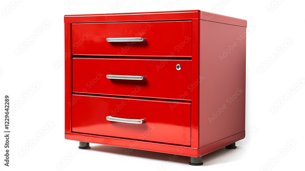 A red filing cabinet with three drawers A red filing cabinet with three drawers