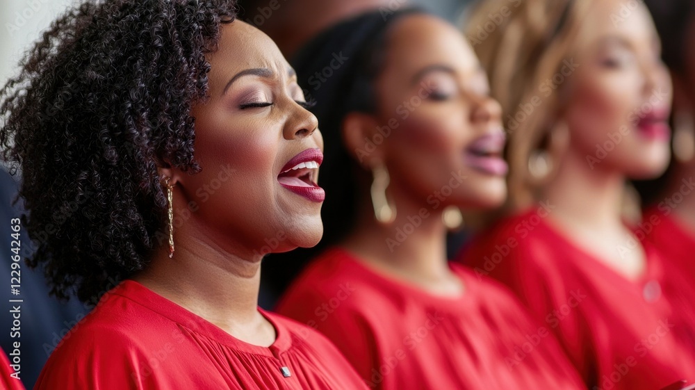 Obraz premium African American Women s Gospel Choir Singing in Red Dresses