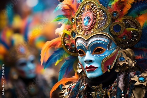 Vibrant mask with feathers and jewels takes center stage at a lively carnival celebration photo