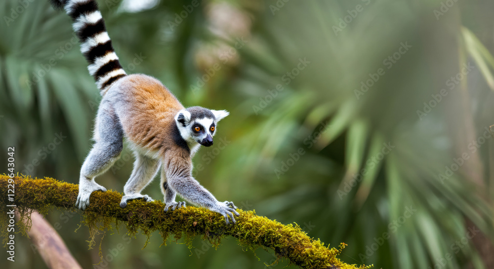 Obraz premium Lemur stretches on a mossy branch in a tropical forest during daylight hours