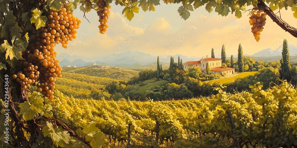 Fototapeta premium Stunning view of a Tuscan vineyard with a traditional villa, surrounded by lush greenery and grapevines under a golden sunset.