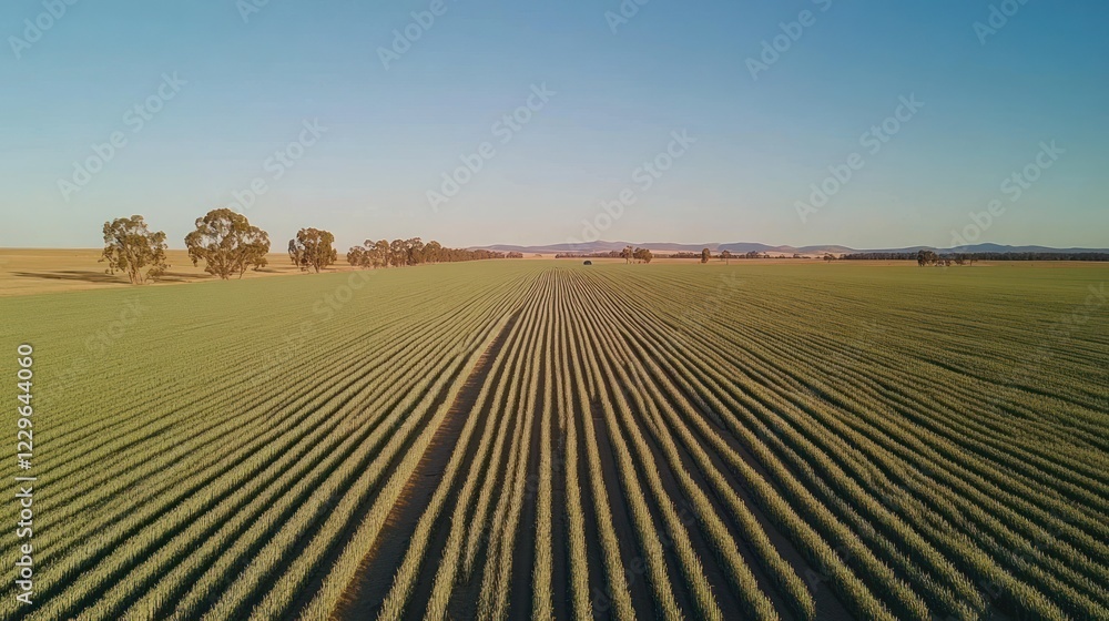 Serene Australian Farmland at Sunset: Aerial View of Parallel Rows of Crops Serene Australian Farmland at Sunset: Aerial View of Parallel Rows of Crops