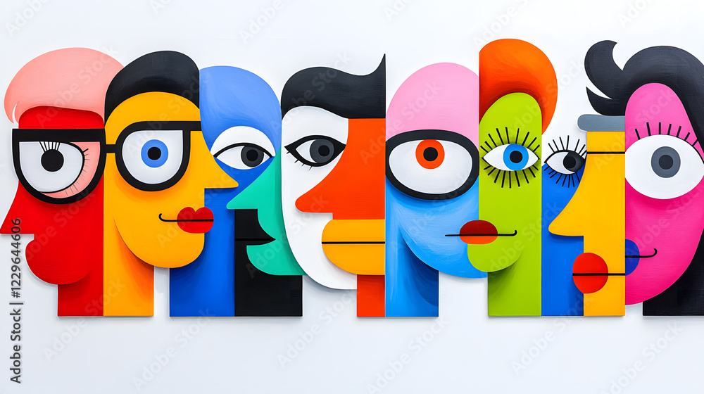 Fototapeta premium Creative abstract colorful fun faces, geometric cubism portrait. Group of people, community modern trendy art collage 