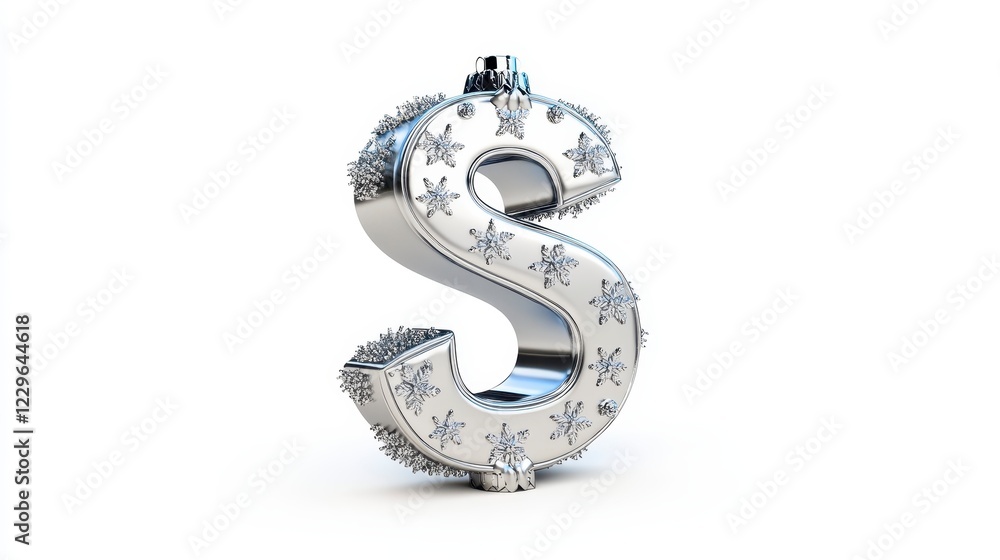 Naklejka premium 3D Silver Dollar Sign with Snowflakes and Glittering Effects