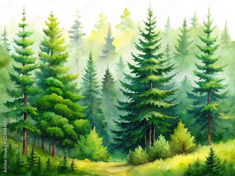Obraz premium Vibrant watercolor captures a lush green pine forest, set against a pristine white background.