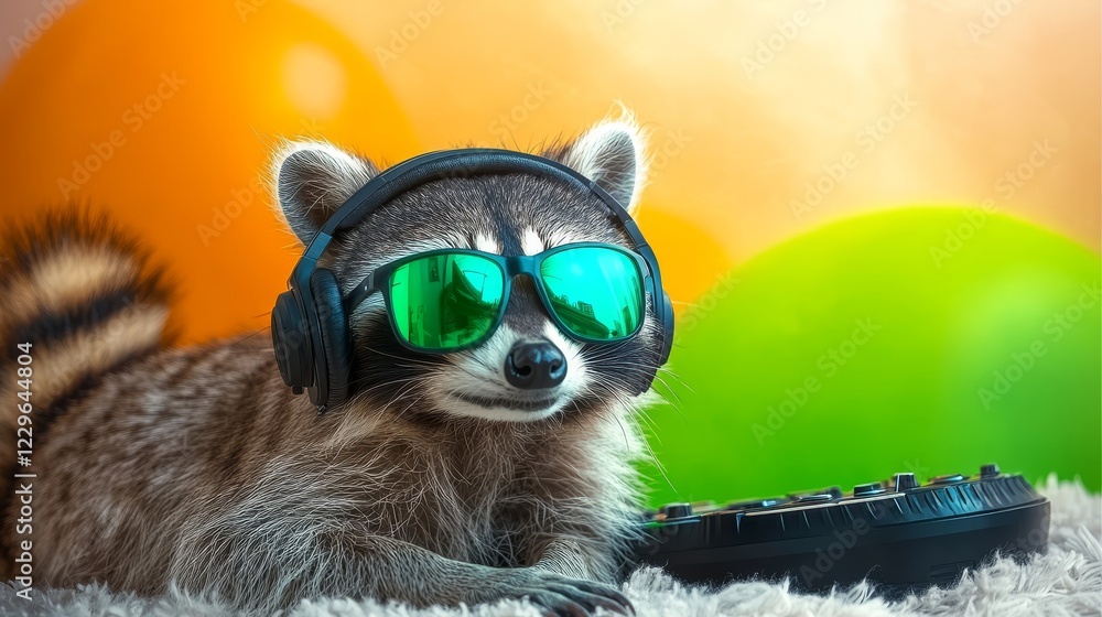 Fototapeta premium Cool Raccoon with Headphones and Sunglasses Enjoys Music at a Vibrant Neon Party with Balloons.