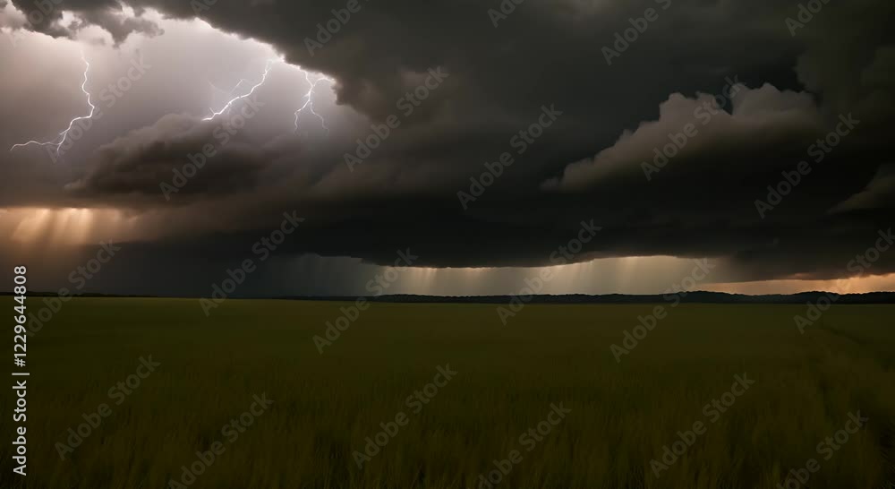 Intense Lightning Storm over Lush Green Field Intense Lightning Storm over Lush Green Field