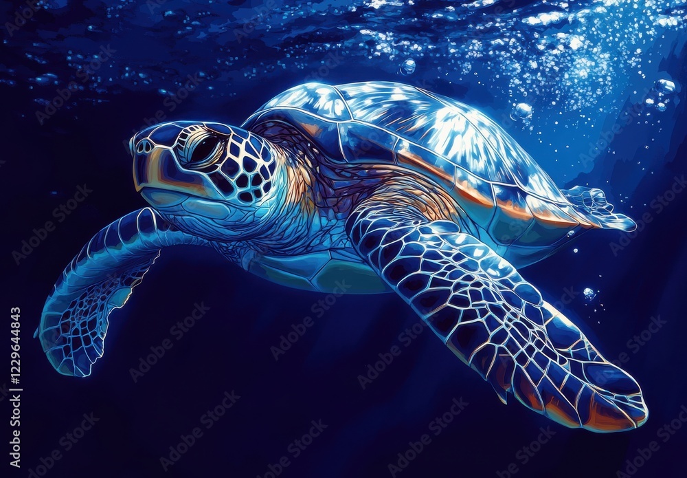 Obraz premium Majestic Sea Turtle Swimming Gracefully Through Clear Ocean Waters Surrounded by Bubbling Air Bubbles and Vibrant Underwater Scenery