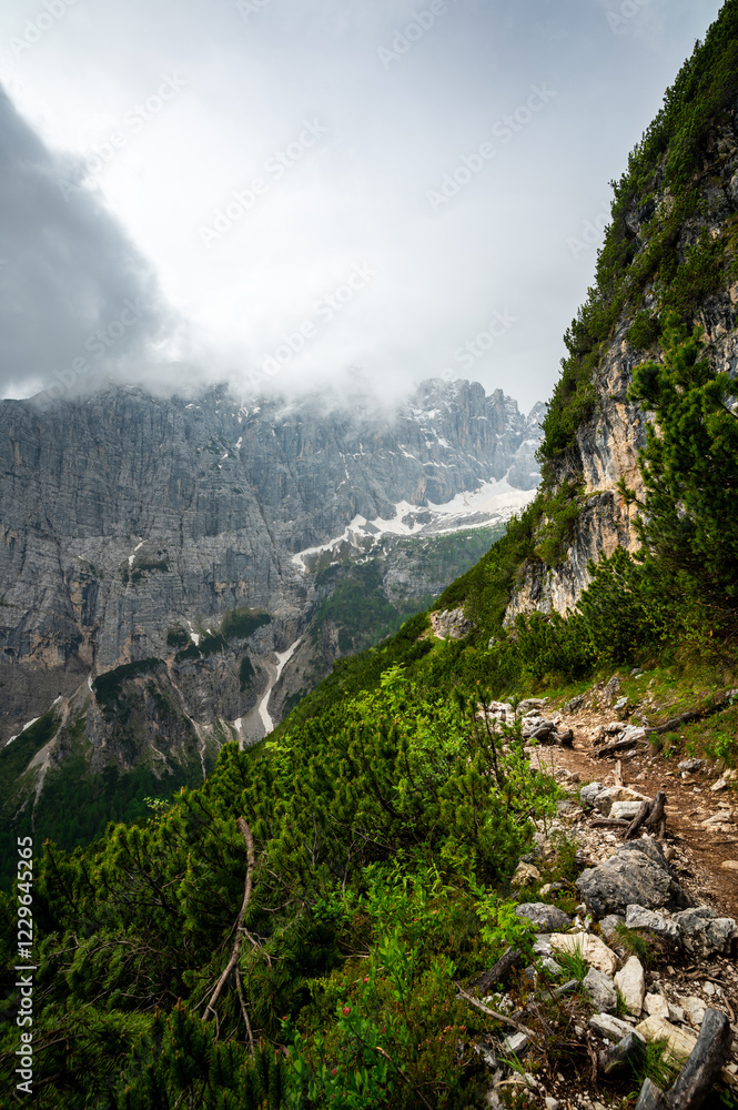 Mountain trail in the Dolomites (Dolomiti, Dolomiten), Italy, leading to Lago Sorapis. The path winds along rocky slopes with stunning views of valleys, forests, and peaks