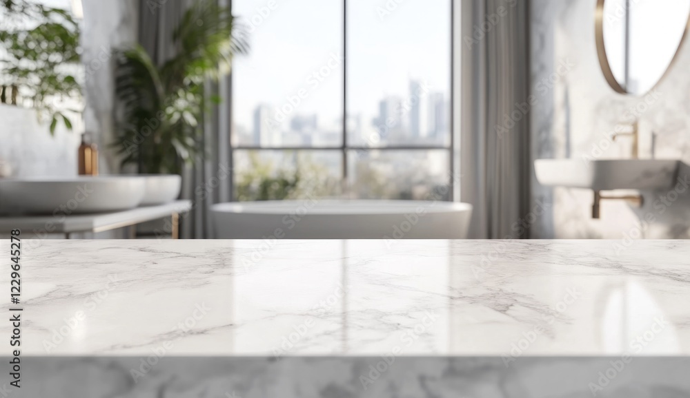 Fototapeta premium Luxurious Modern Bathroom with Marble Vanity and City View