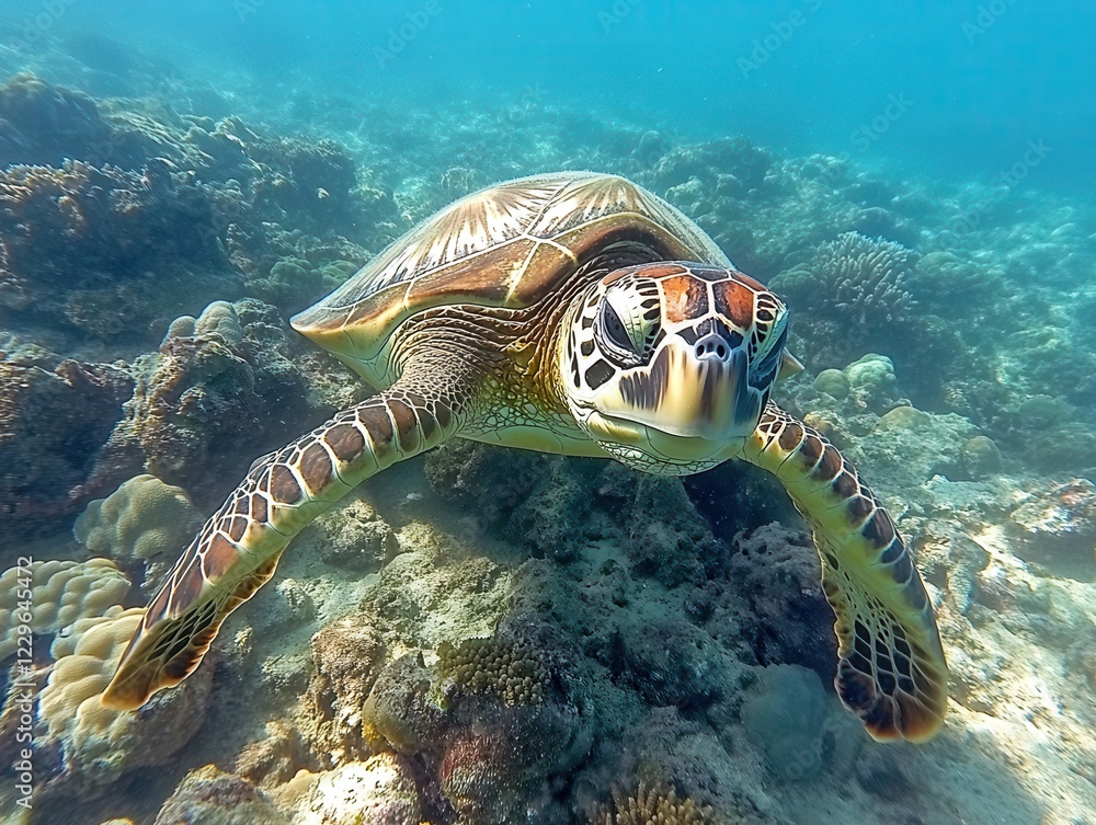 Fototapeta premium Majestic Sea Turtle Swimming Gracefully Through Clear Tropical Waters Surrounded by Vibrant Coral Reefs and Marine Life Underwater