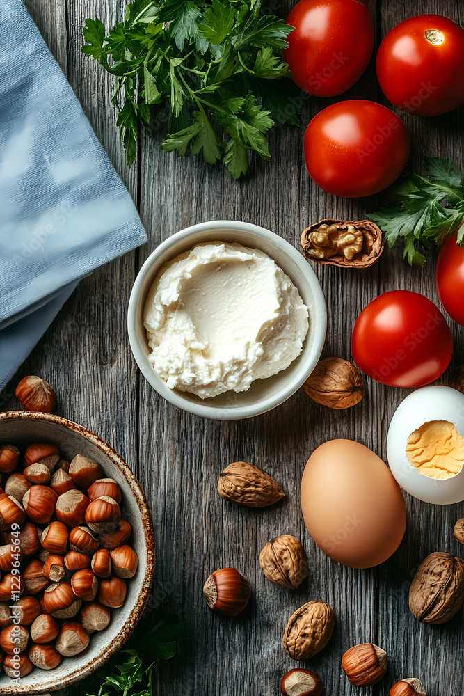 A table with various foods, including eggs, nuts, and vegetables. On the right side of the picture is an egg surrounded by fresh tomatoes, walnuts, and hazelnuts in small white bowls. In front, 