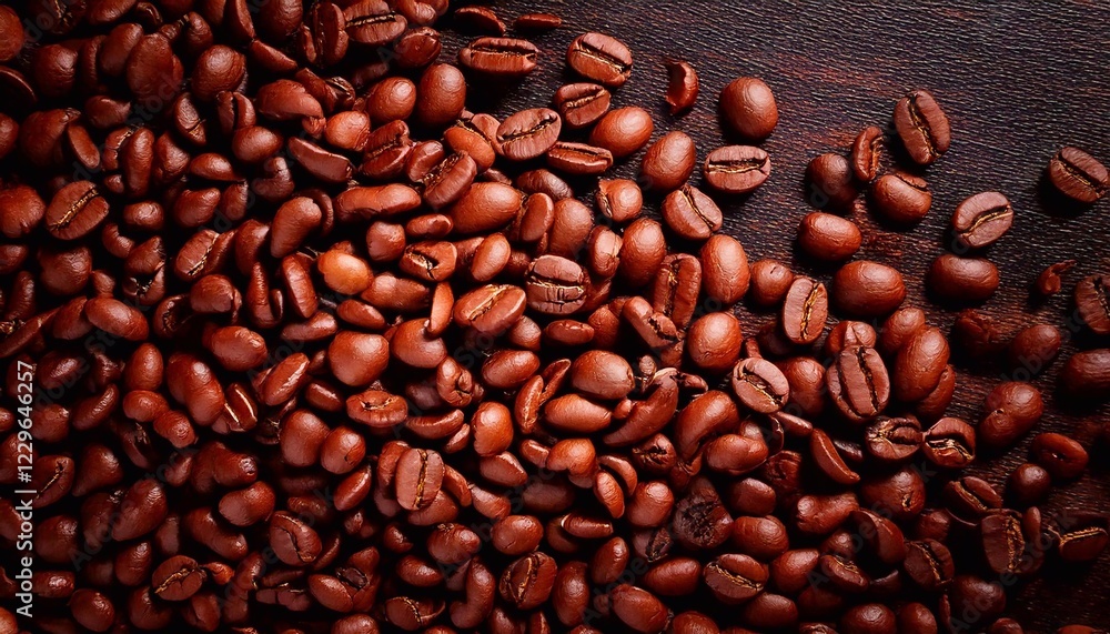 Fototapeta premium Exploring the rich texture and aroma of freshly roasted coffee beans on a wooden surface