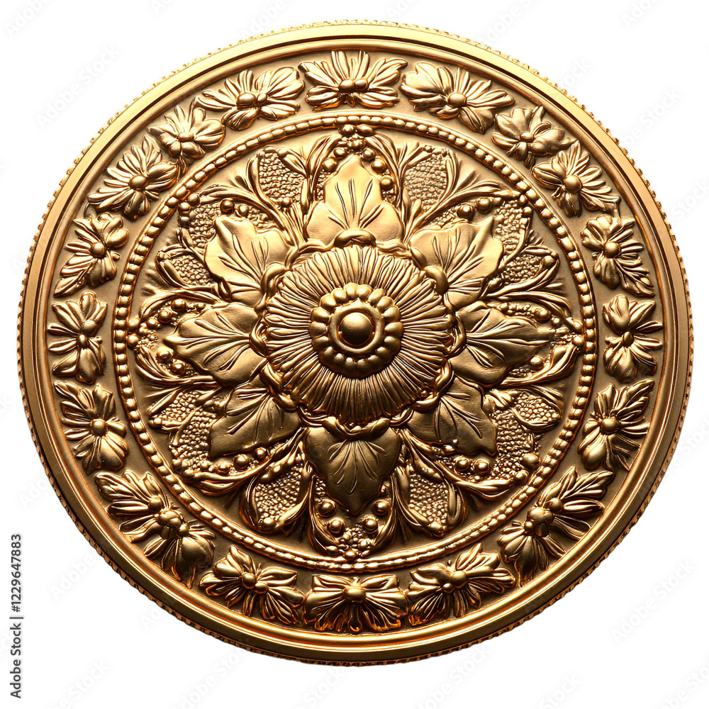 Fototapeta premium Ornate Gold Medallion Vintage Floral Design Decorative Ceiling Rose Antique Style Intricate Relief