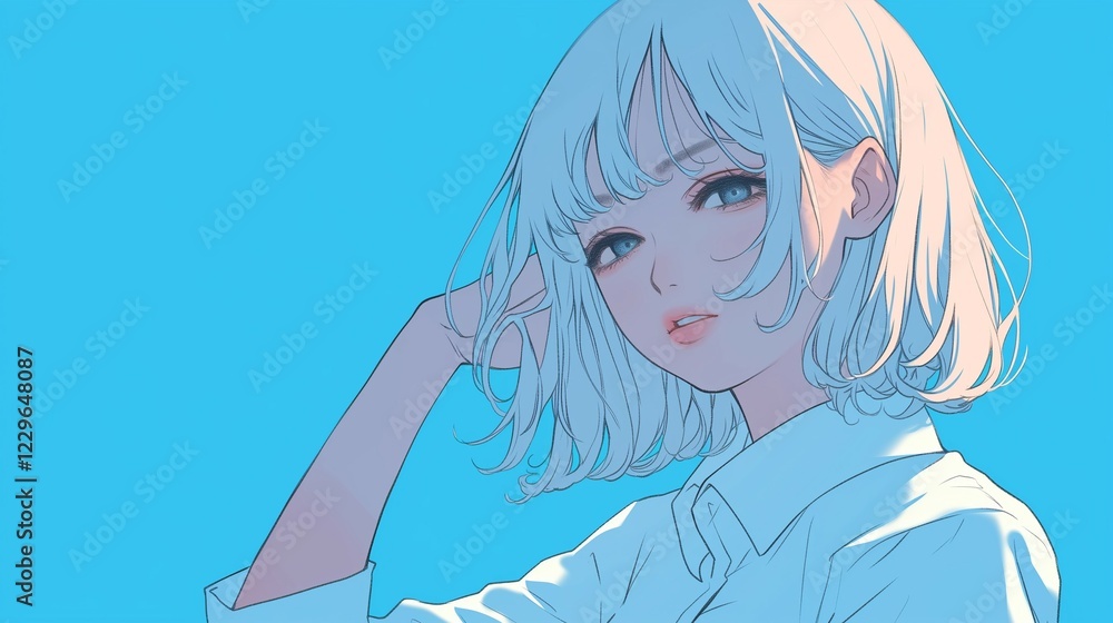Elegant Anime Girl with White Hair Against a Soft Blue Background Elegant Anime Girl with White Hair Against a Soft Blue Background