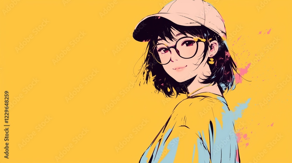 Cheerful Anime Girl with Glasses and a Cap Against a Yellow Background Cheerful Anime Girl with Glasses and a Cap Against a Yellow Background