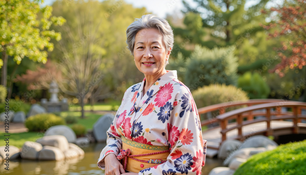 Elegant elderly Asian woman smiling in floral kimono by koi pond, spring fashion Elegant elderly Asian woman smiling in floral kimono by koi pond, spring fashion