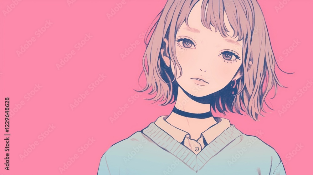 Soft Pastel Anime Girl Portrait with Pink Background Soft Pastel Anime Girl Portrait with Pink Background