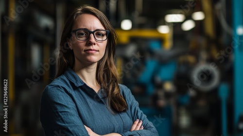 Portrait of a confident female engineer in a manufacturing plant, empowering workplace branding shot. photo