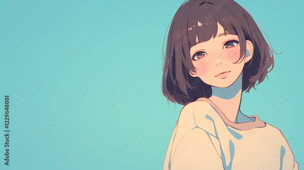 Cute Anime Girl Smiling with Light Blue Background Cute Anime Girl Smiling with Light Blue Background