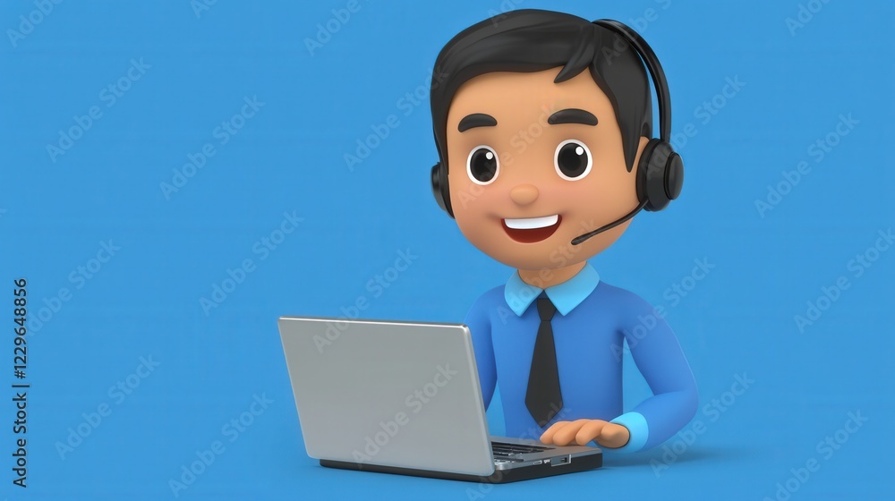 South Asian man providing virtual customer support on laptop with isolated blue background South Asian man providing virtual customer support on laptop with isolated blue background
