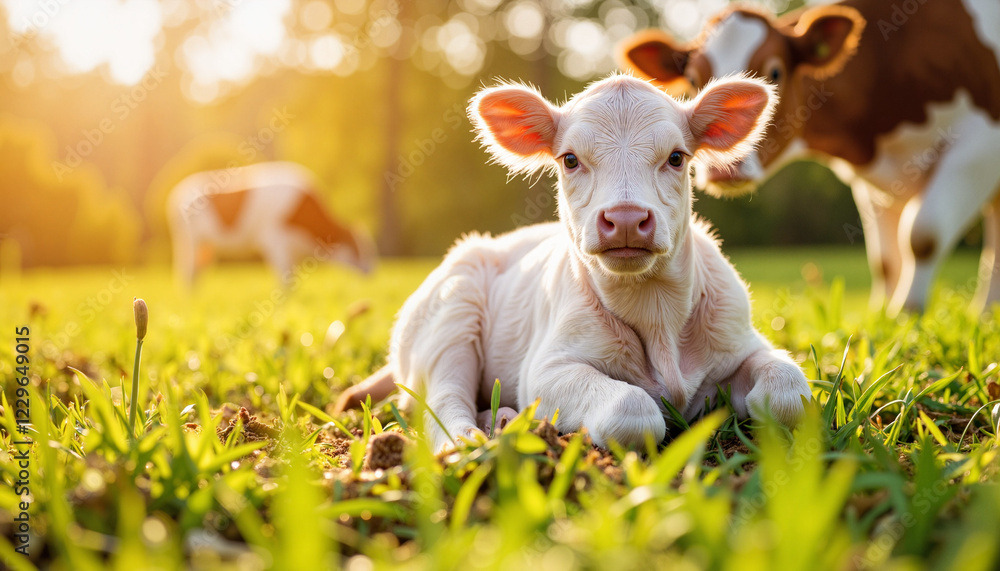 Fototapeta premium Newborn calf resting in green pasture at golden morning light, farm life