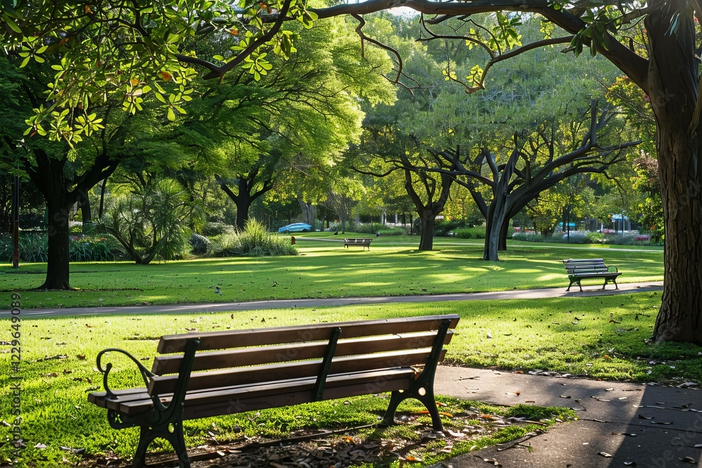 Wooden bench inviting visitors to enjoy peaceful atmosphere in green park Wooden bench inviting visitors to enjoy peaceful atmosphere in green park
