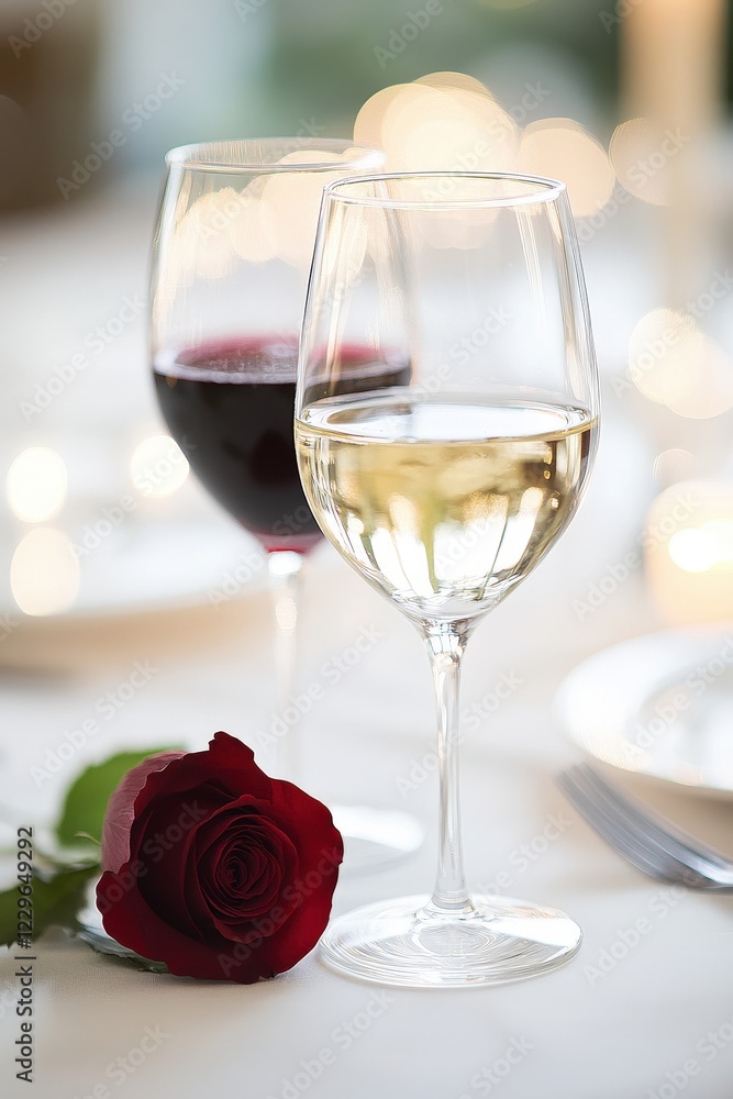 Wine glasses with red and white wine on a romantic dinner table, accompanied by a red rose, creating an intimate atmosphere for a special occasion or celebration. Wine glasses with red and white wine on a romantic dinner table, accompanied by a red rose, creating an intimate atmosphere for a special occasion or celebration.