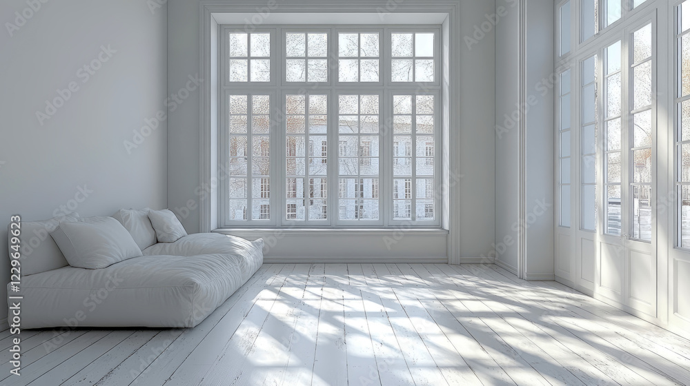Fototapeta premium Serene Minimalist Room with Large Window and White Sofa