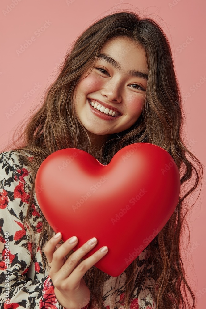 Woman holding a red heart-shaped cushion while smiling in a studio against a pink background. Concept of love, relationships, and heartfelt emotions in portrait photography. Woman holding a red heart-shaped cushion while smiling in a studio against a pink background. Concept of love, relationships, and heartfelt emotions in portrait photography.