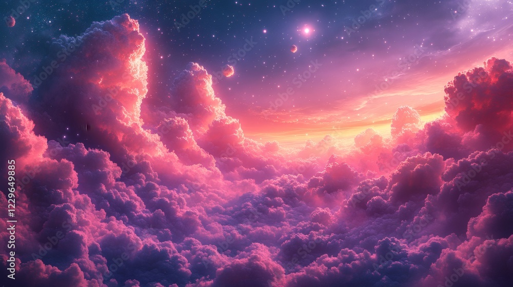 Colorful background swirling clouds in shades of pink and purple accented by shimmering stars and glowing orbs floating across a radiant gradient sky filled with dreamlike wonder Colorful background swirling clouds in shades of pink and purple accented by shimmering stars and glowing orbs floating across a radiant gradient sky filled with dreamlike wonder