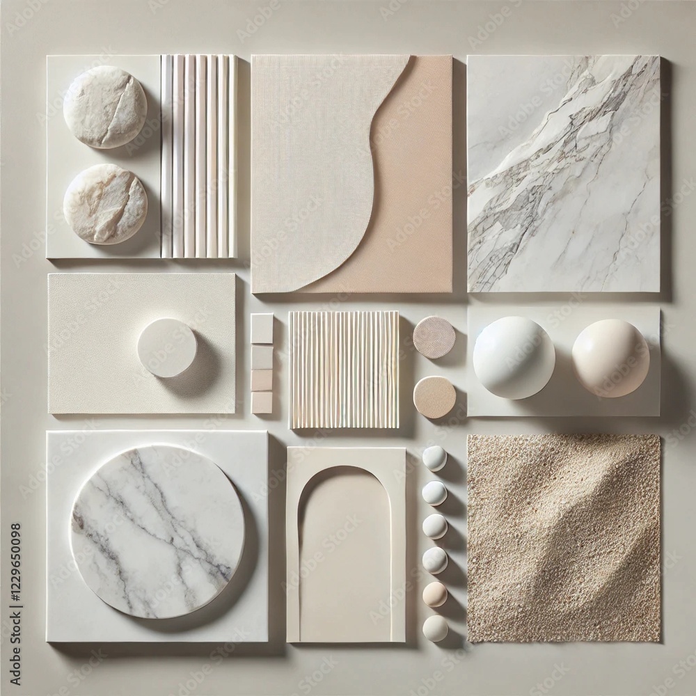 Fototapeta premium A selection of minimalist textures, featuring smooth marble, soft fabric, subtle paper grain, and fine sand. The textures are arranged in a modern